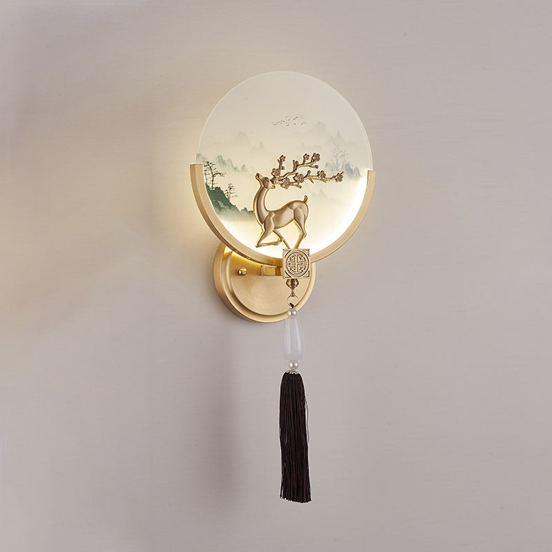 Traditional Chinese Brass & Glass Deer & Landscape Round LED Wall Sconce Lamp For Bedroom & Living Room