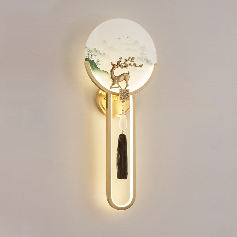 Traditional Chinese Brass & Glass Deer & Landscape Round LED Wall Sconce Lamp For Bedroom & Living Room