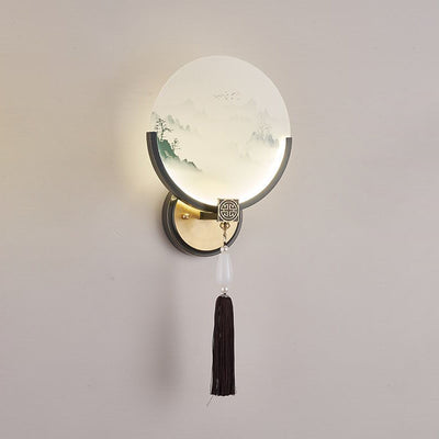Traditional Chinese Brass & Glass Deer & Landscape Round LED Wall Sconce Lamp For Bedroom & Living Room