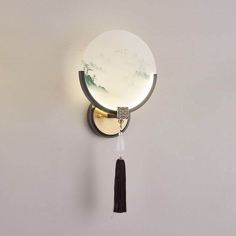 Traditional Chinese Brass & Glass Deer & Landscape Round LED Wall Sconce Lamp For Bedroom & Living Room
