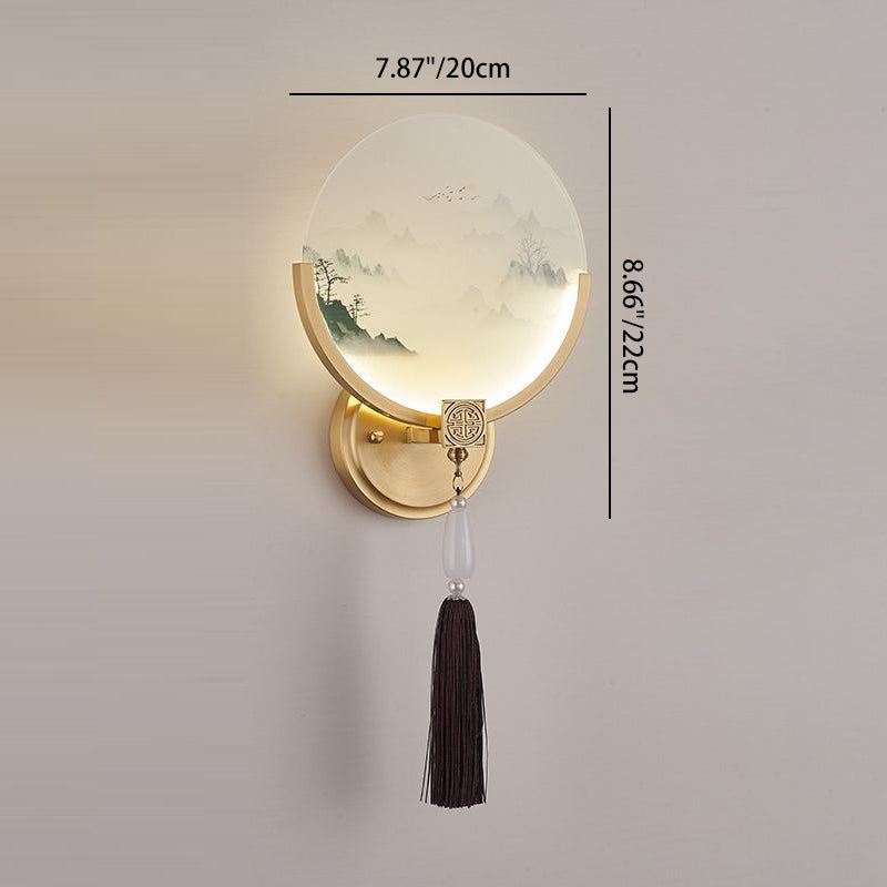 Traditional Chinese Brass & Glass Deer & Landscape Round LED Wall Sconce Lamp For Bedroom & Living Room