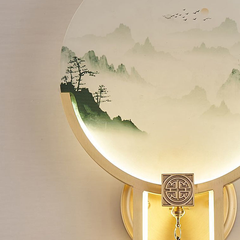 Traditional Chinese Brass & Glass Deer & Landscape Round LED Wall Sconce Lamp For Bedroom & Living Room
