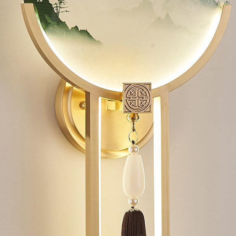 Traditional Chinese Brass & Glass Deer & Landscape Round LED Wall Sconce Lamp For Bedroom & Living Room