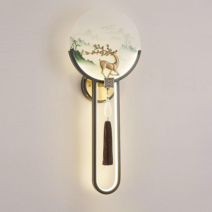 Traditional Chinese Brass &amp; Glass Deer &amp; Landscape Round LED Wall Sconce Lamp For Bedroom &amp; Living Room