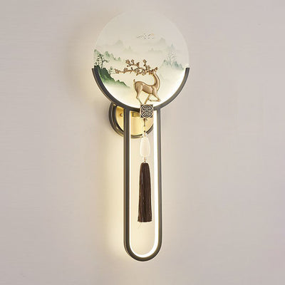 Traditional Chinese Brass & Glass Deer & Landscape Round LED Wall Sconce Lamp For Bedroom & Living Room