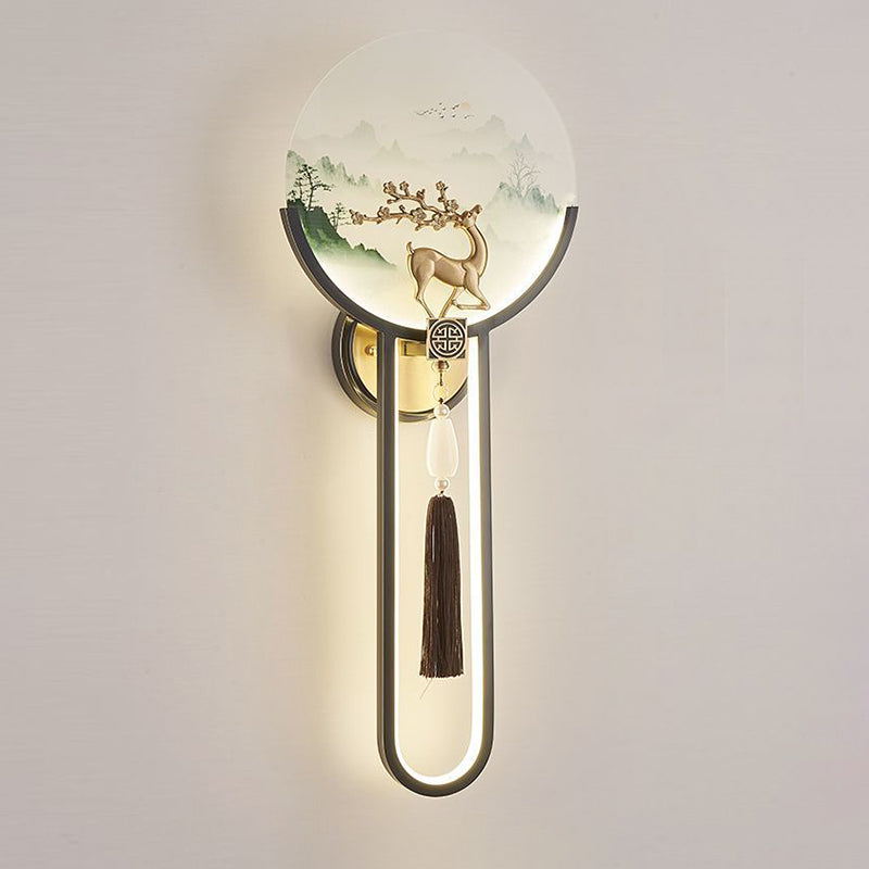 Traditional Chinese Brass & Glass Deer & Landscape Round LED Wall Sconce Lamp For Bedroom & Living Room