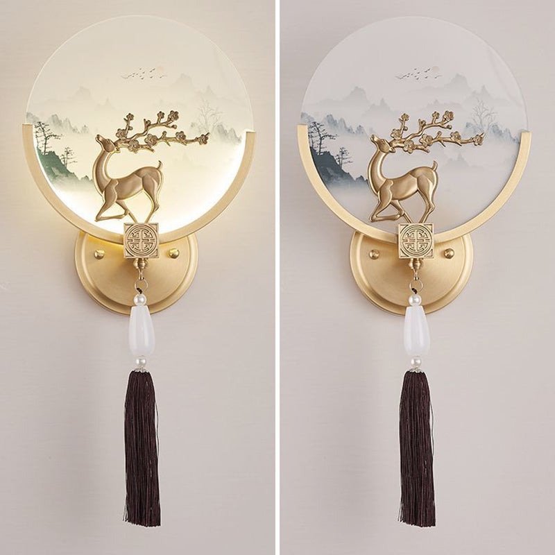 Traditional Chinese Brass & Glass Deer & Landscape Round LED Wall Sconce Lamp For Bedroom & Living Room
