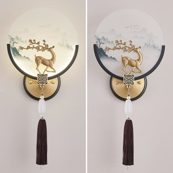Traditional Chinese Brass &amp; Glass Deer &amp; Landscape Round LED Wall Sconce Lamp For Bedroom &amp; Living Room