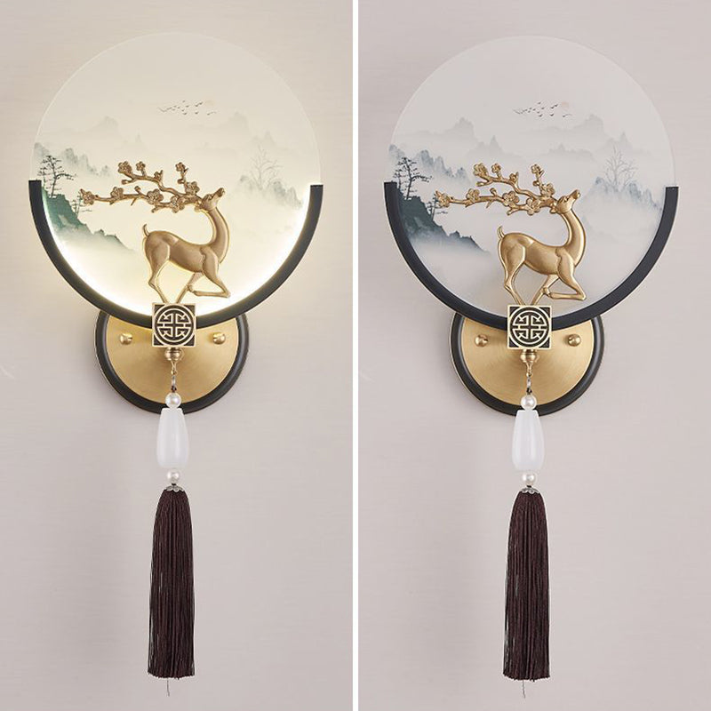 Traditional Chinese Brass & Glass Deer & Landscape Round LED Wall Sconce Lamp For Bedroom & Living Room