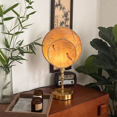 Traditional Chinese Fabric Copper And Wood Round Fan Bamboo Leaf 1-Light Table Lamp For Bedroom