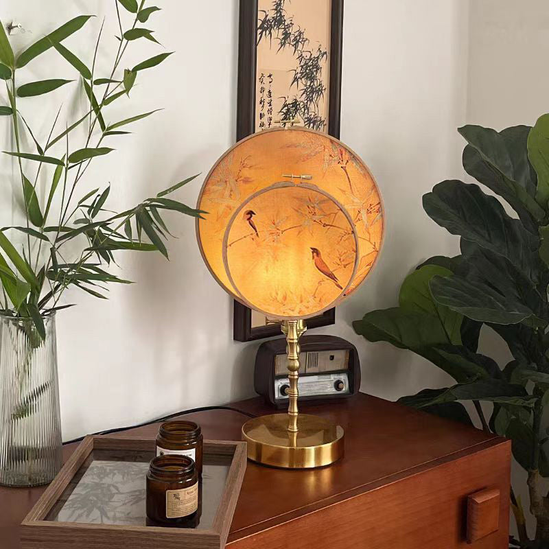 Traditional Chinese Fabric Copper And Wood Round Fan Bamboo Leaf 1-Light Table Lamp For Bedroom