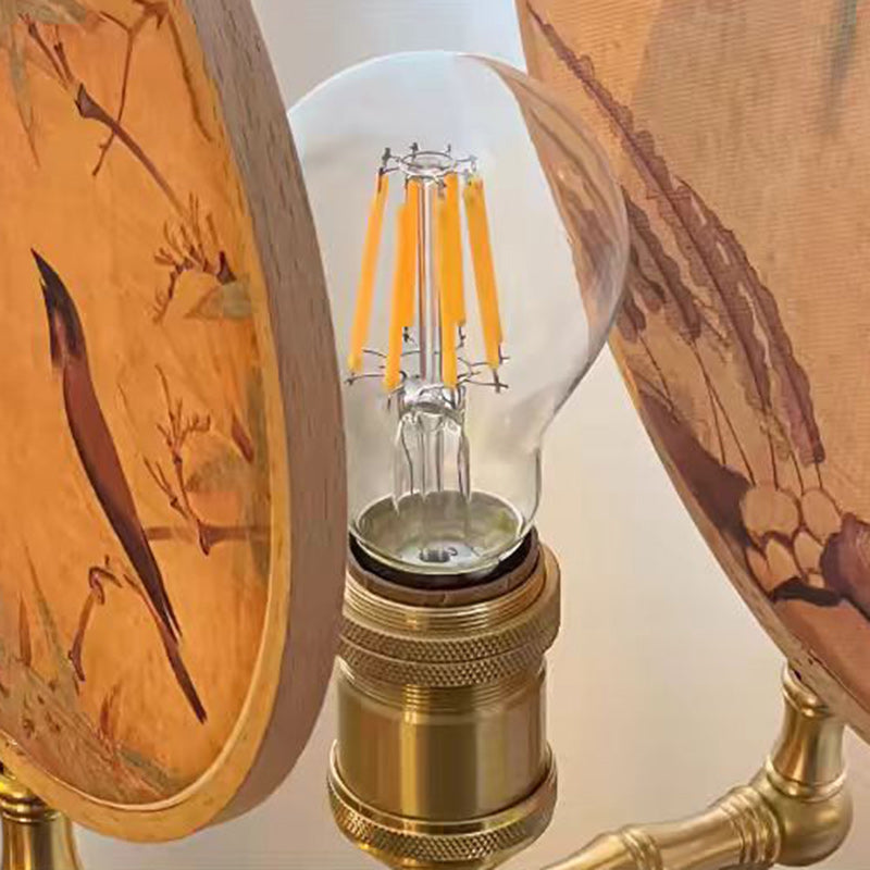 Traditional Chinese Fabric Copper And Wood Round Fan Bamboo Leaf 1-Light Table Lamp For Bedroom