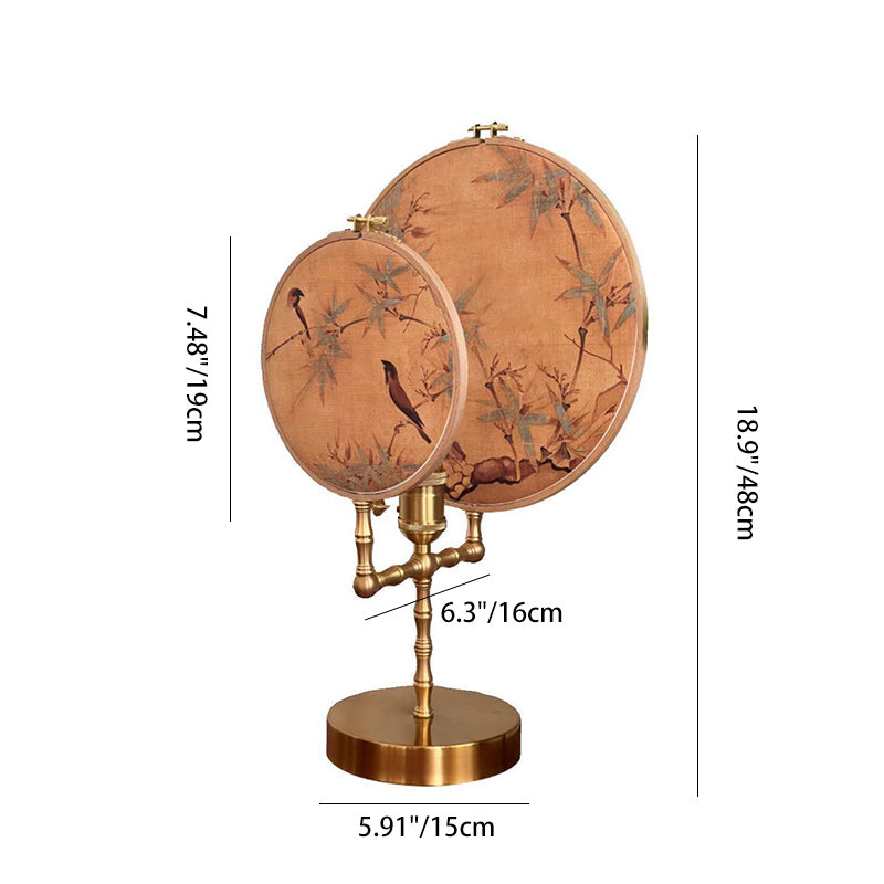 Traditional Chinese Fabric Copper And Wood Round Fan Bamboo Leaf 1-Light Table Lamp For Bedroom