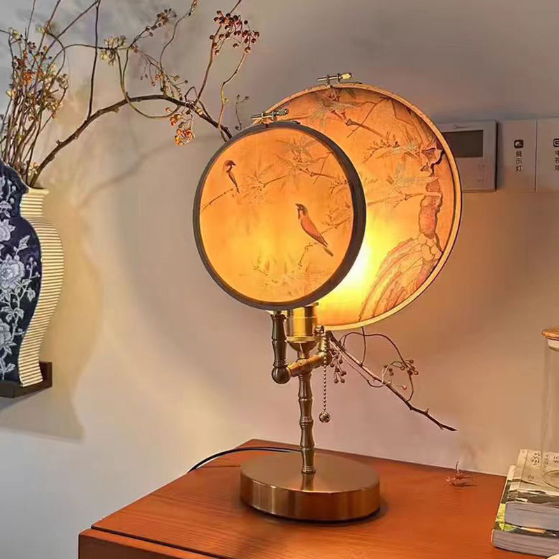 Traditional Chinese Fabric Copper And Wood Round Fan Bamboo Leaf 1-Light Table Lamp For Bedroom