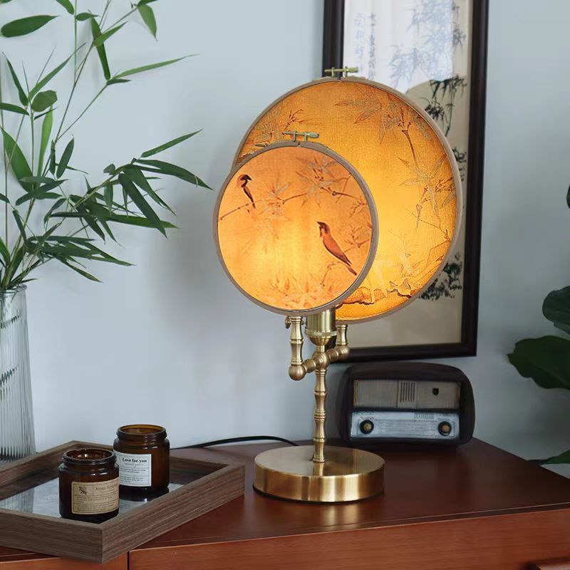 Traditional Chinese Fabric Copper And Wood Round Fan Bamboo Leaf 1-Light Table Lamp For Bedroom
