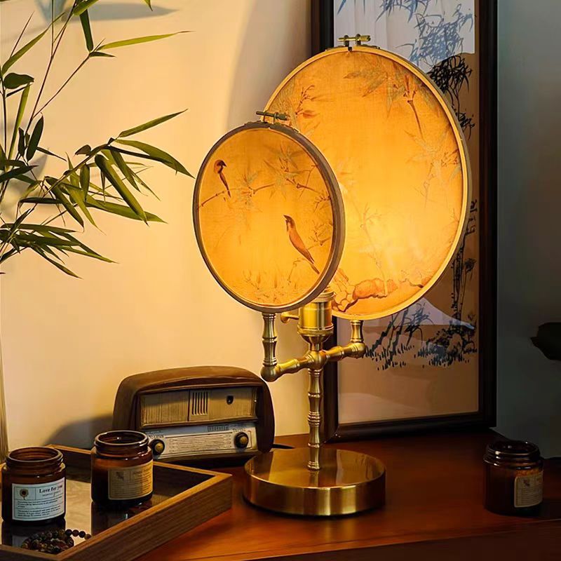 Traditional Chinese Fabric Copper And Wood Round Fan Bamboo Leaf 1-Light Table Lamp For Bedroom