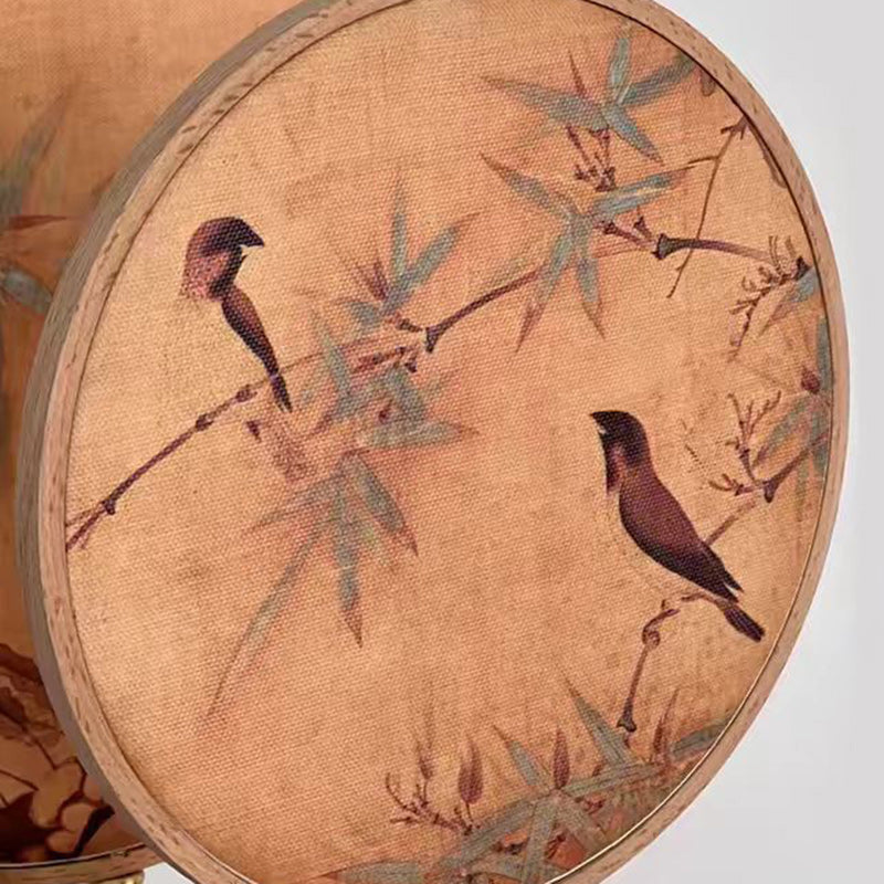 Traditional Chinese Fabric Copper And Wood Round Fan Bamboo Leaf 1-Light Table Lamp For Bedroom