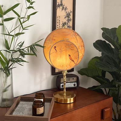 Traditional Chinese Fabric Copper And Wood Round Fan Bamboo Leaf 1-Light Table Lamp For Bedroom