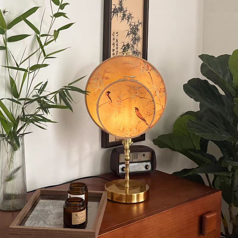 Traditional Chinese Fabric Copper And Wood Round Fan Bamboo Leaf 1-Light Table Lamp For Bedroom