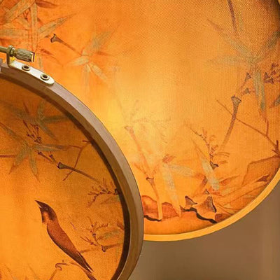 Traditional Chinese Fabric Copper And Wood Round Fan Bamboo Leaf 1-Light Table Lamp For Bedroom
