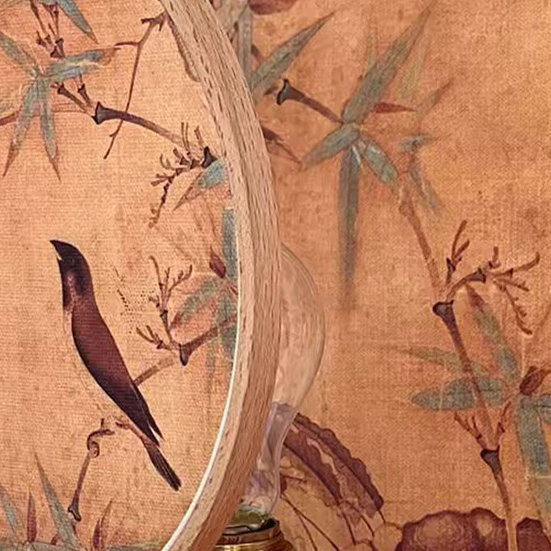 Traditional Chinese Fabric Copper And Wood Round Fan Bamboo Leaf 1-Light Table Lamp For Bedroom