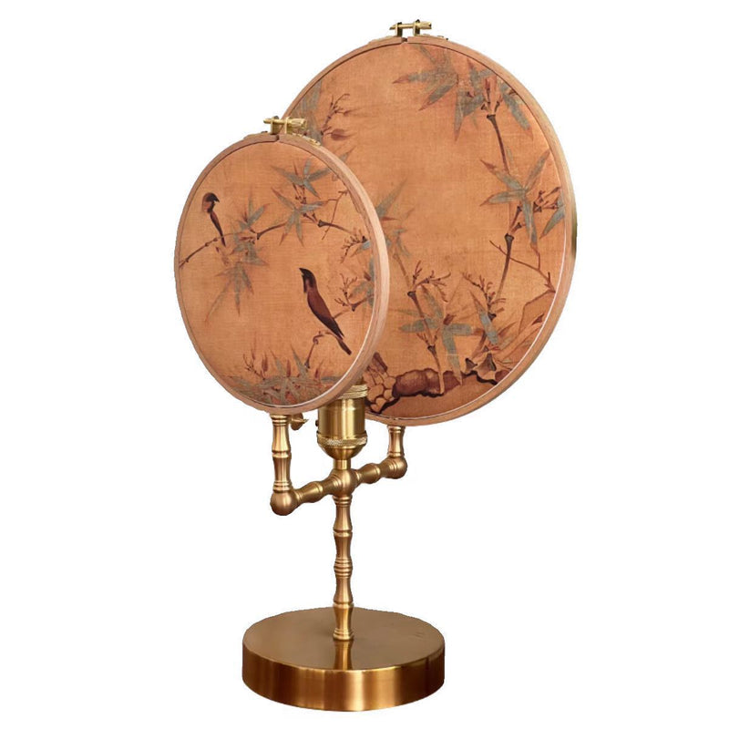 Traditional Chinese Fabric Copper And Wood Round Fan Bamboo Leaf 1-Light Table Lamp For Bedroom