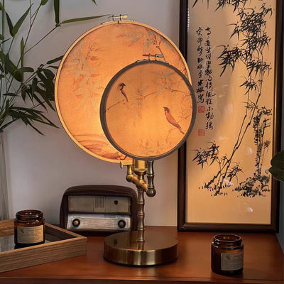 Traditional Chinese Fabric Copper And Wood Round Fan Bamboo Leaf 1-Light Table Lamp For Bedroom