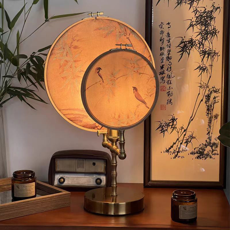 Traditional Chinese Fabric Copper And Wood Round Fan Bamboo Leaf 1-Light Table Lamp For Bedroom