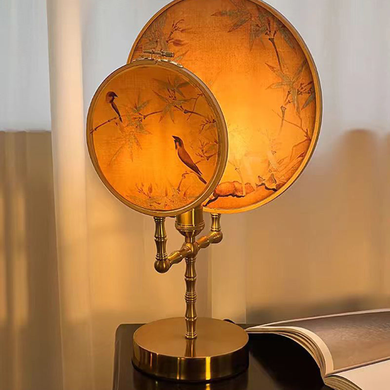 Traditional Chinese Fabric Copper And Wood Round Fan Bamboo Leaf 1-Light Table Lamp For Bedroom
