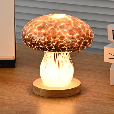 モダンアールデコ充電式ガラス＆ウッドマッシュルームLEDテーブルランプナイトライトベッドルーム用 