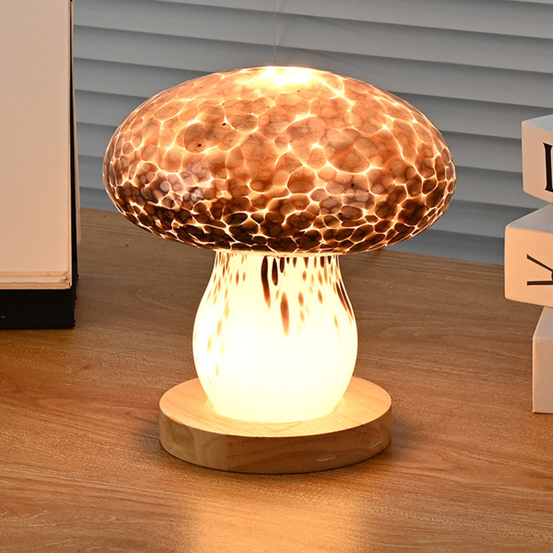 モダンアールデコ充電式ガラス＆ウッドマッシュルームLEDテーブルランプナイトライトベッドルーム用 