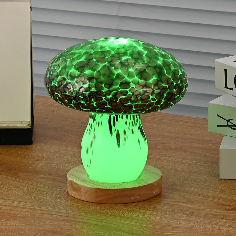 モダンアールデコ充電式ガラス＆ウッドマッシュルームLEDテーブルランプナイトライトベッドルーム用 