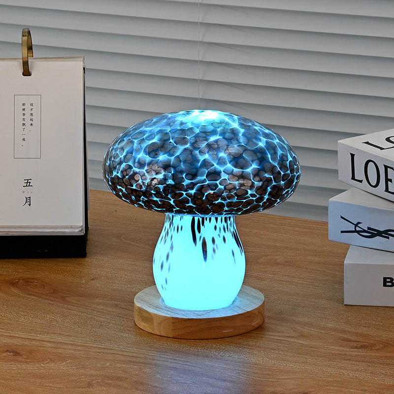 モダンアールデコ充電式ガラス＆ウッドマッシュルームLEDテーブルランプナイトライトベッドルーム用 