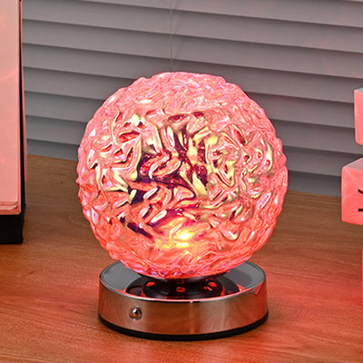 モダンアールデコ充電式ガラス＆メタル球形パイナップルリップルLEDテーブルランプナイトライト寝室用 