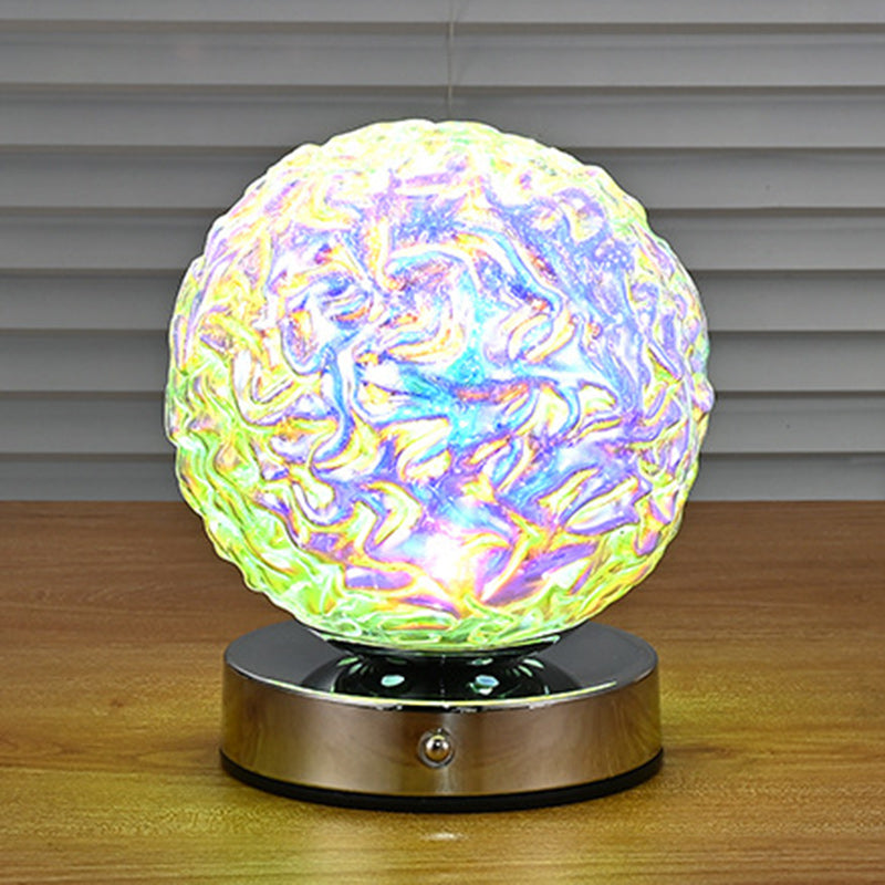 モダンアールデコ充電式ガラス＆メタル球形パイナップルリップルLEDテーブルランプナイトライト寝室用 