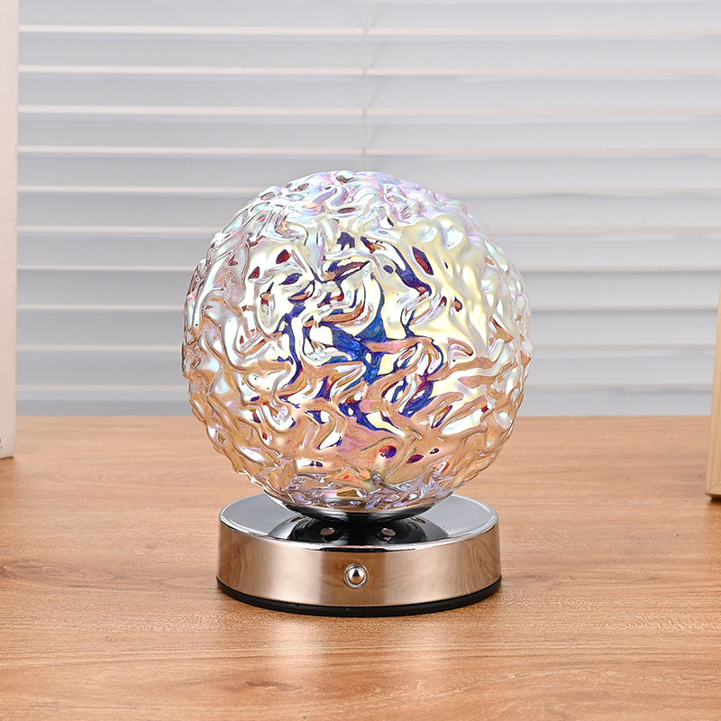 モダンアールデコ充電式ガラス＆メタル球形パイナップルリップルLEDテーブルランプナイトライト寝室用 