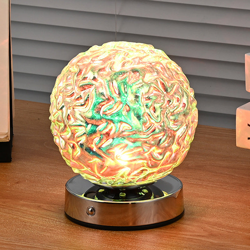 モダンアールデコ充電式ガラス＆メタル球形パイナップルリップルLEDテーブルランプナイトライト寝室用 