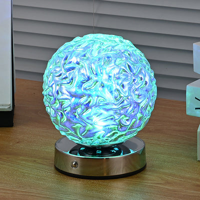 モダンアールデコ充電式ガラス＆メタル球形パイナップルリップルLEDテーブルランプナイトライト寝室用 
