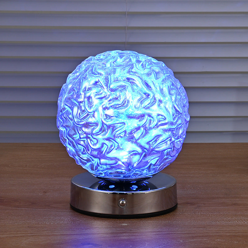 モダンアールデコ充電式ガラス＆メタル球形パイナップルリップルLEDテーブルランプナイトライト寝室用 