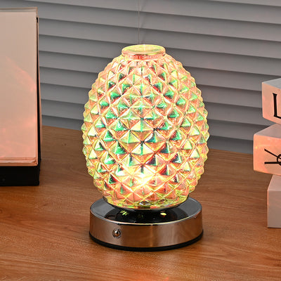 モダンアールデコ充電式ガラス＆メタル球形パイナップルリップルLEDテーブルランプナイトライト寝室用 