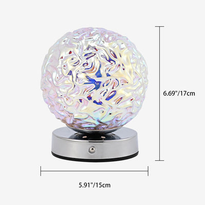 モダンアールデコ充電式ガラス＆メタル球形パイナップルリップルLEDテーブルランプナイトライト寝室用 