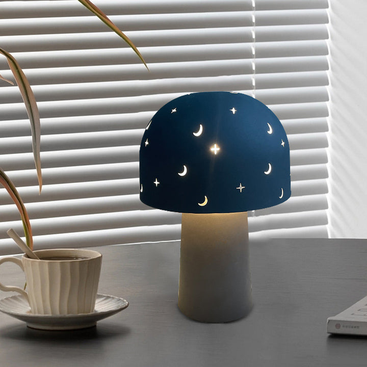 Contemporary Nordic Battery Metal &amp; Glass Hollow Starry Mushroom Dome LED Table Lamp For Bedroom