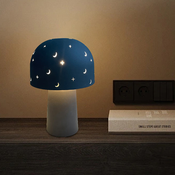 Contemporary Nordic Battery Metal &amp; Glass Hollow Starry Mushroom Dome LED Table Lamp For Bedroom