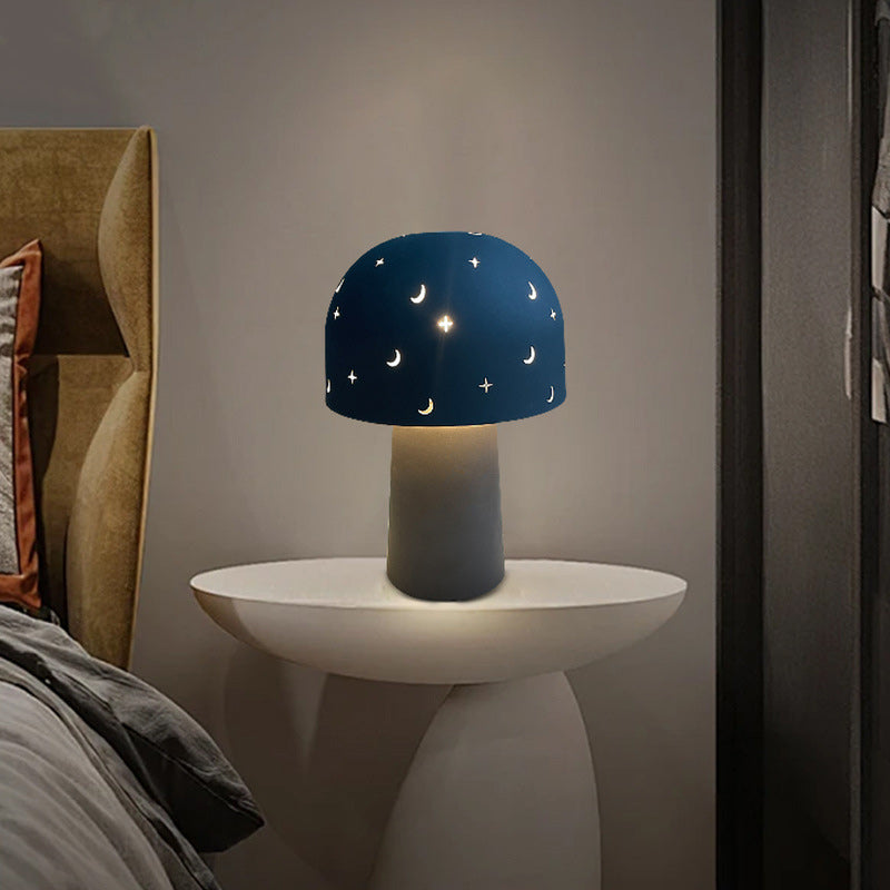Contemporary Nordic Battery Metal & Glass Hollow Starry Mushroom Dome LED Table Lamp For Bedroom