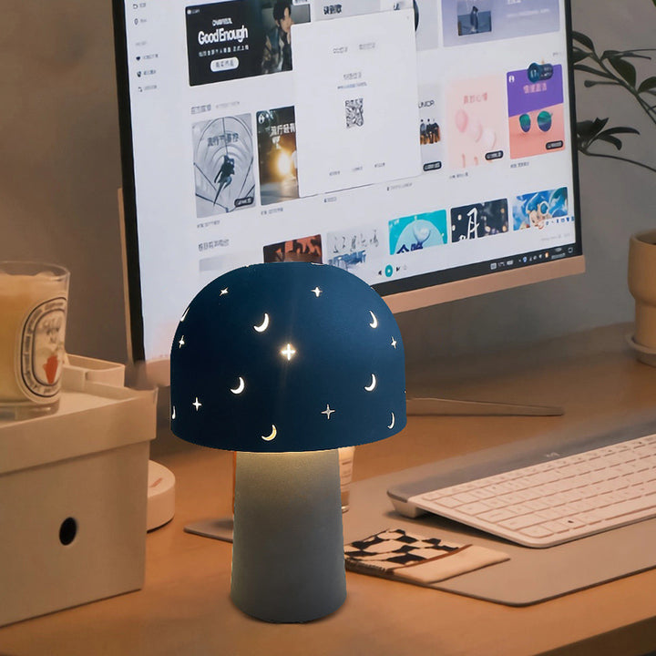 Contemporary Nordic Battery Metal &amp; Glass Hollow Starry Mushroom Dome LED Table Lamp For Bedroom