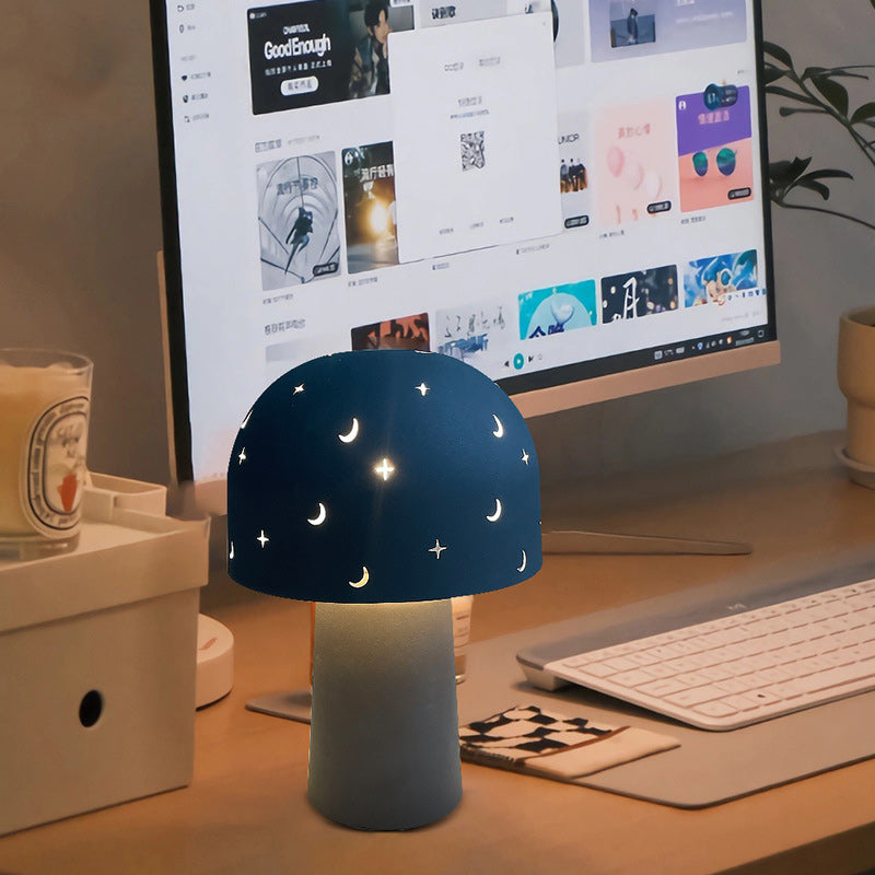 Contemporary Nordic Battery Metal & Glass Hollow Starry Mushroom Dome LED Table Lamp For Bedroom