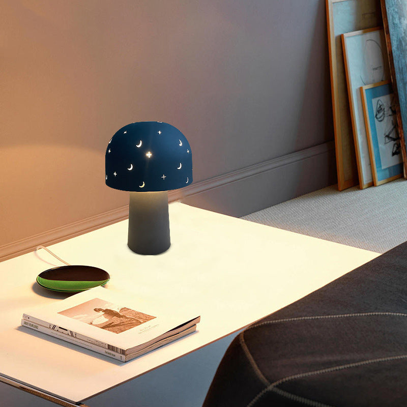 Contemporary Nordic Battery Metal & Glass Hollow Starry Mushroom Dome LED Table Lamp For Bedroom