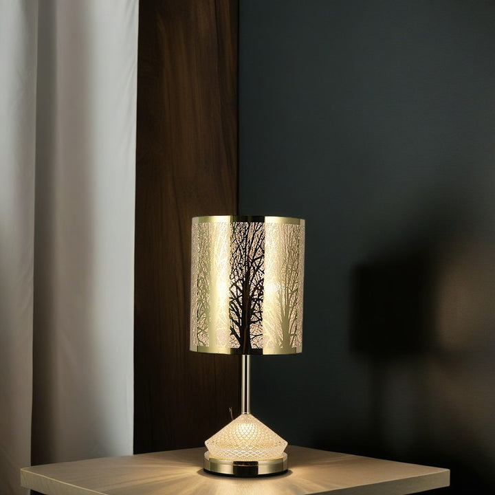Modern Transitional Metal Stainless Steel &amp; Acrylic Pillar With Forest Roman Pattern 1-Light LED Table Lamp For Bedroom &amp; Study