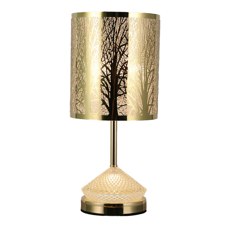 Modern Transitional Metal Stainless Steel &amp; Acrylic Pillar With Forest Roman Pattern 1-Light LED Table Lamp For Bedroom &amp; Study