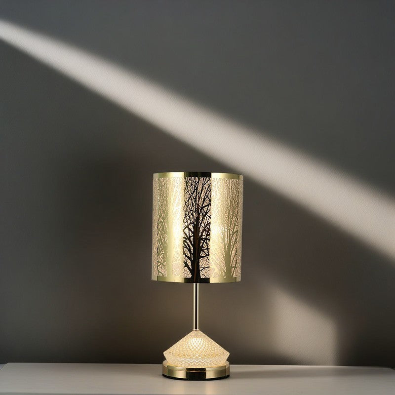 Modern Transitional Metal Stainless Steel &amp; Acrylic Pillar With Forest Roman Pattern 1-Light LED Table Lamp For Bedroom &amp; Study